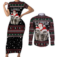 Latvia Christmas Couples Matching Short Sleeve Bodycon Dress and Long Sleeve Button Shirt with Santa Claus and Wolves in Holiday Pattern Design - Wonder Print Shop