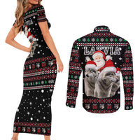 Latvia Christmas Couples Matching Short Sleeve Bodycon Dress and Long Sleeve Button Shirt with Santa Claus and Wolves in Holiday Pattern Design - Wonder Print Shop