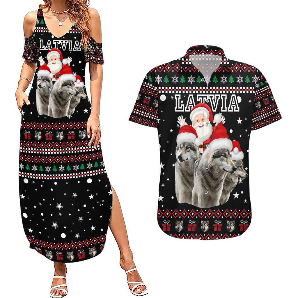 Latvia Christmas Couples Matching Summer Maxi Dress and Hawaiian Shirt with Santa Claus and Wolves in Holiday Pattern Design - Wonder Print Shop