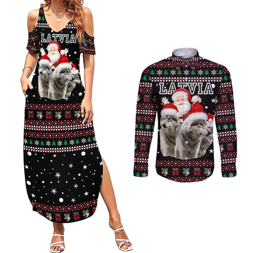 Latvia Christmas Couples Matching Summer Maxi Dress and Long Sleeve Button Shirt with Santa Claus and Wolves in Holiday Pattern Design - Wonder Print Shop