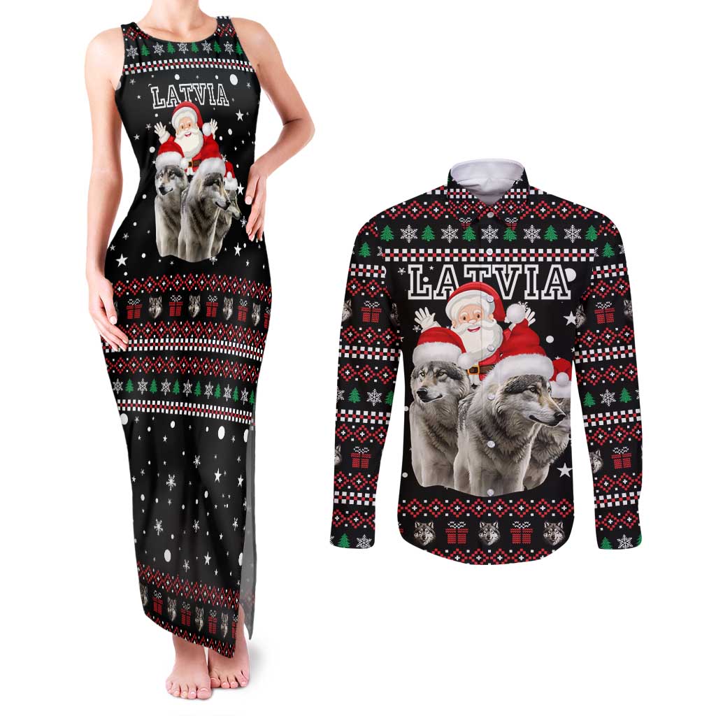 Latvia Christmas Couples Matching Tank Maxi Dress and Long Sleeve Button Shirt with Santa Claus and Wolves in Holiday Pattern Design - Wonder Print Shop