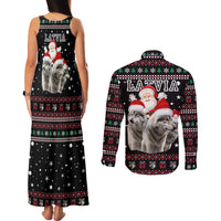 Latvia Christmas Couples Matching Tank Maxi Dress and Long Sleeve Button Shirt with Santa Claus and Wolves in Holiday Pattern Design - Wonder Print Shop