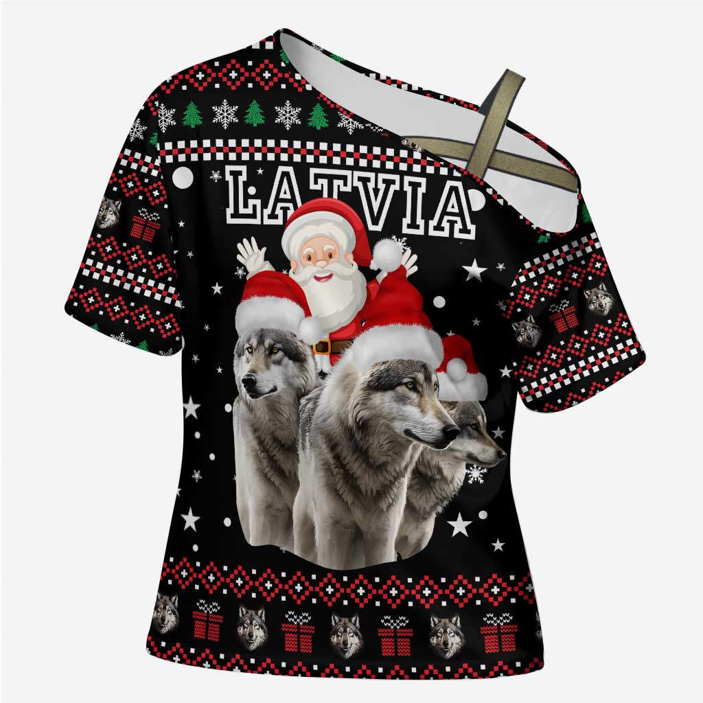 Latvia Christmas Cross Shoulder Shirt with Santa Claus and Wolves in Holiday Pattern Design - Wonder Print Shop