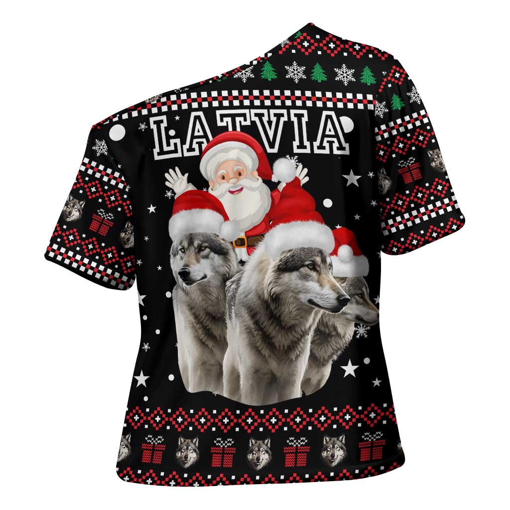 Latvia Christmas Cross Shoulder Shirt with Santa Claus and Wolves in Holiday Pattern Design - Wonder Print Shop