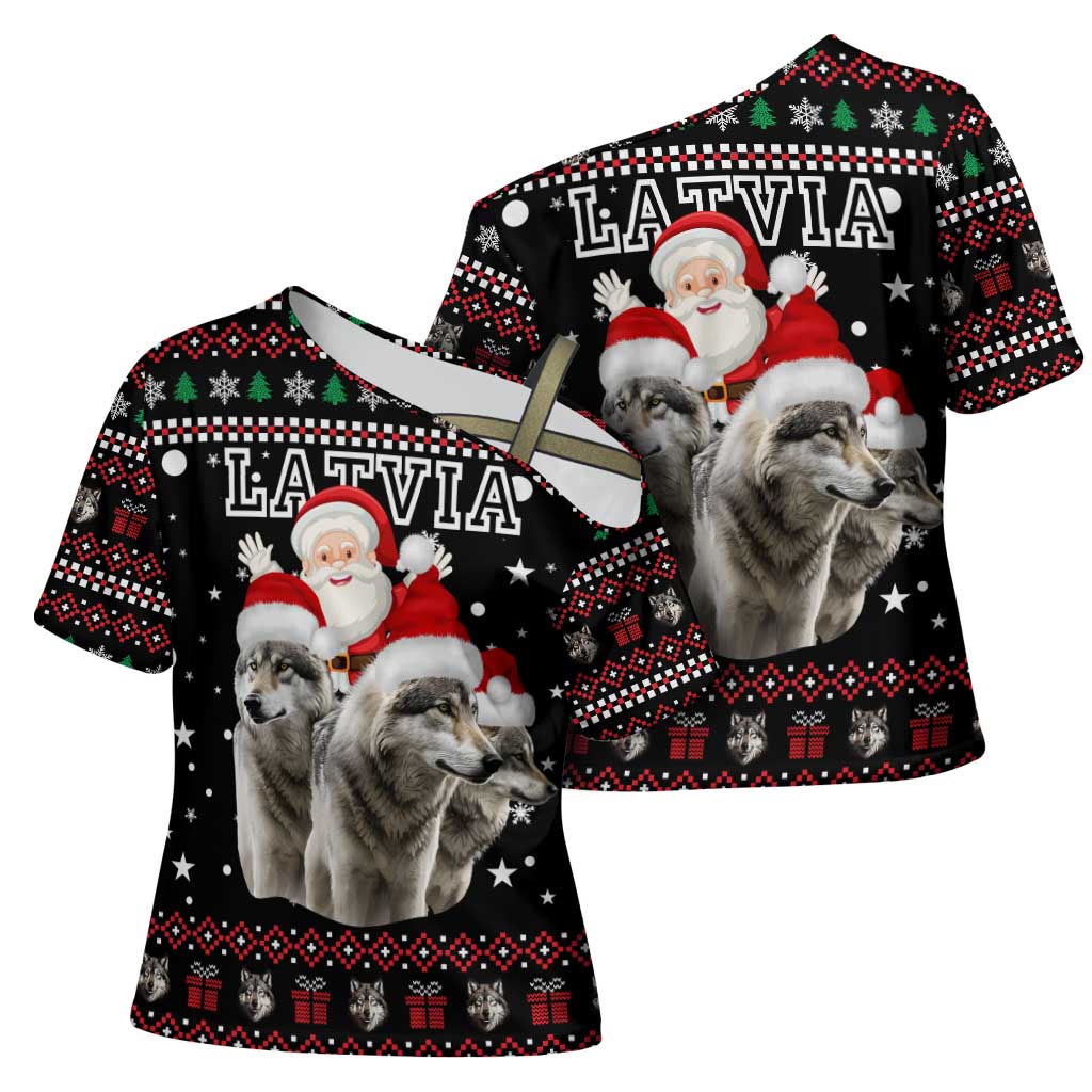 Latvia Christmas Cross Shoulder Shirt with Santa Claus and Wolves in Holiday Pattern Design - Wonder Print Shop