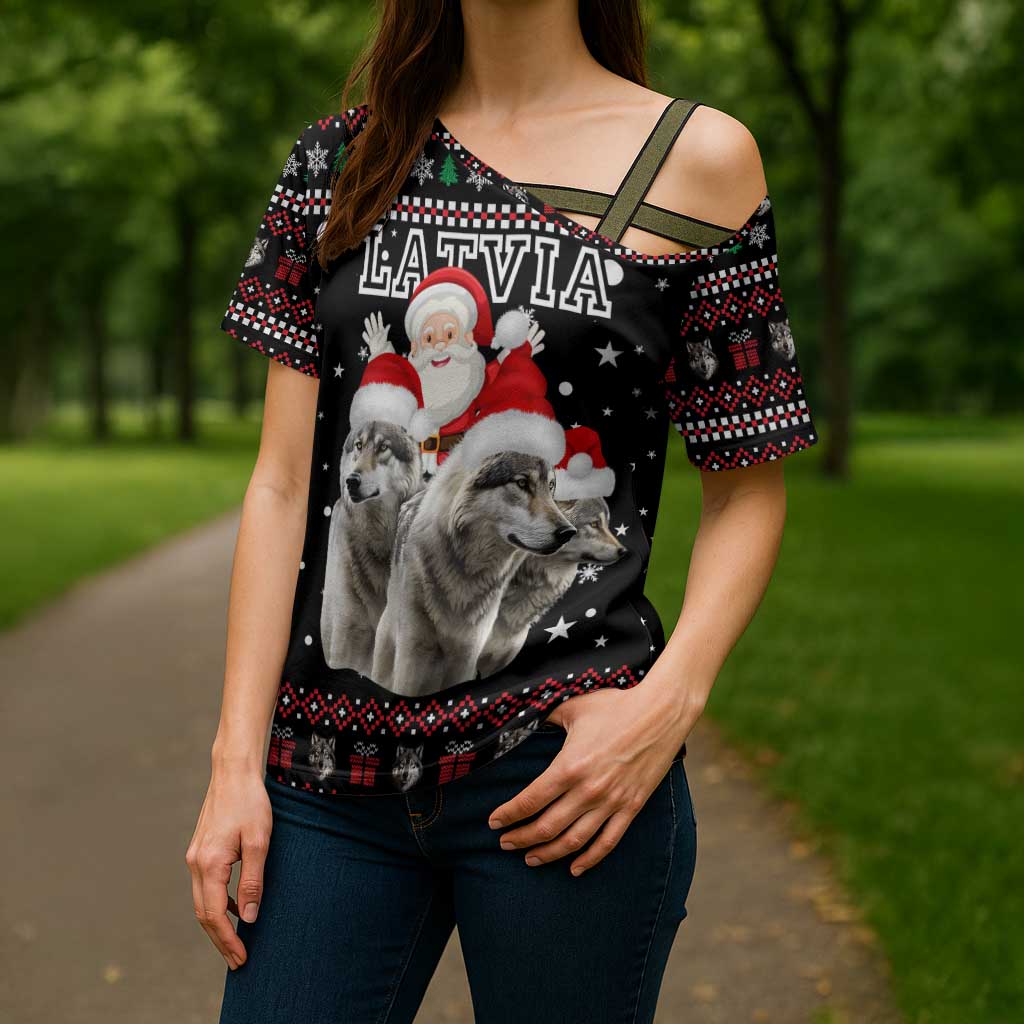 Latvia Christmas Cross Shoulder Shirt with Santa Claus and Wolves in Holiday Pattern Design - Wonder Print Shop