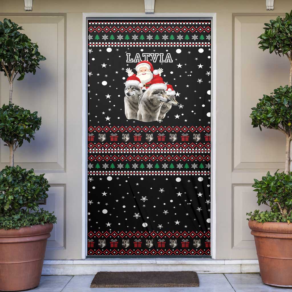Latvia Christmas Door Cover with Santa Claus and Wolves in Holiday Pattern Design - Wonder Print Shop
