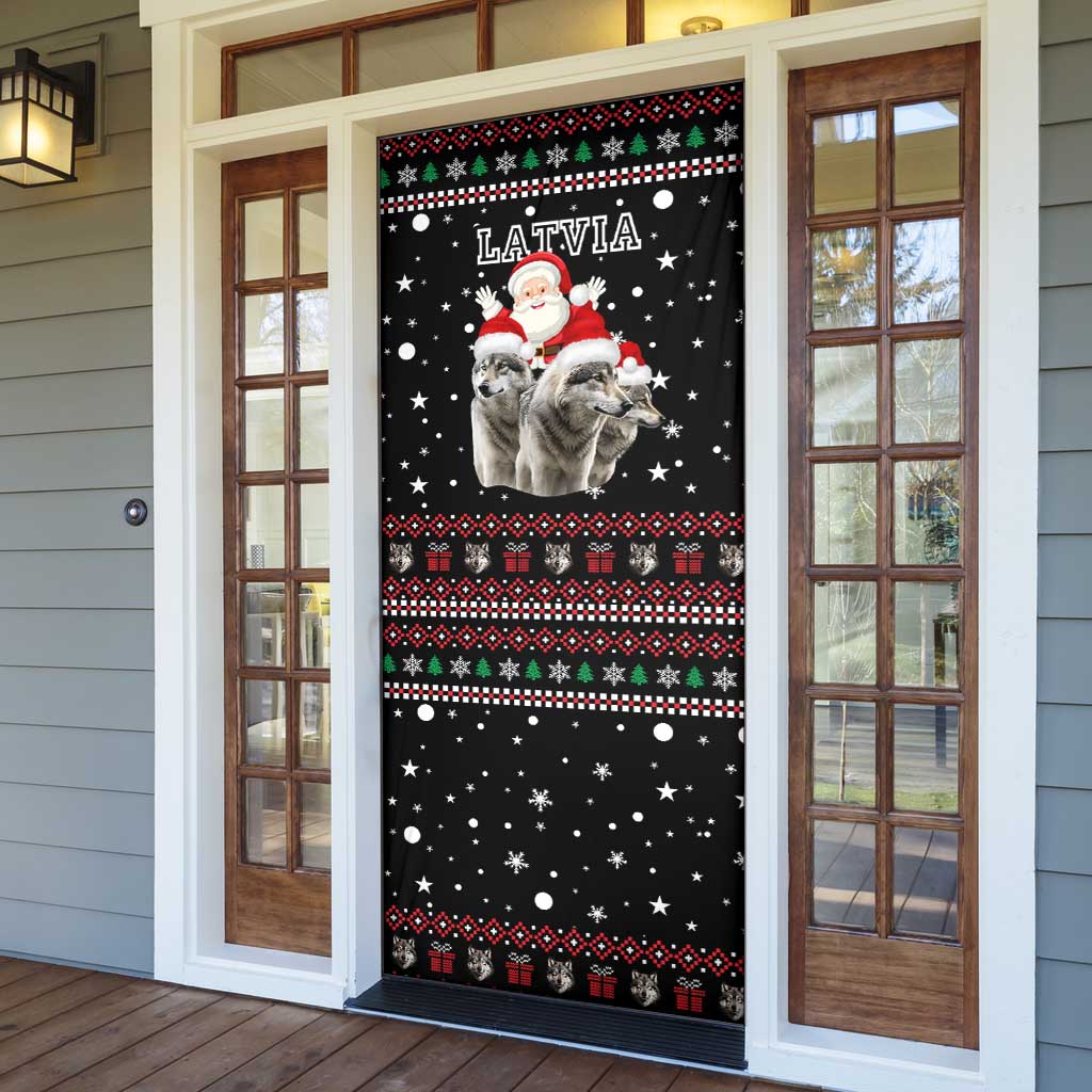Latvia Christmas Door Cover with Santa Claus and Wolves in Holiday Pattern Design - Wonder Print Shop