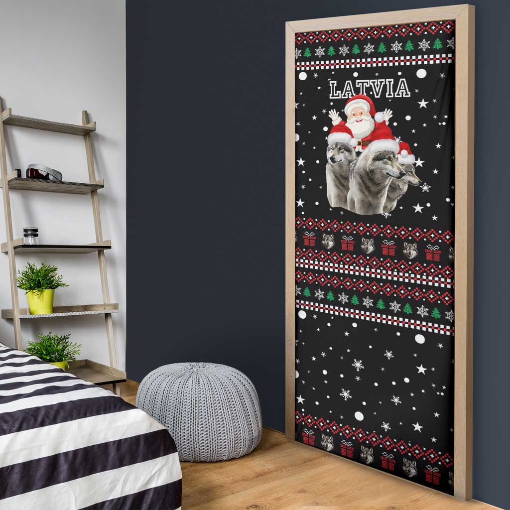Latvia Christmas Door Cover with Santa Claus and Wolves in Holiday Pattern Design - Wonder Print Shop