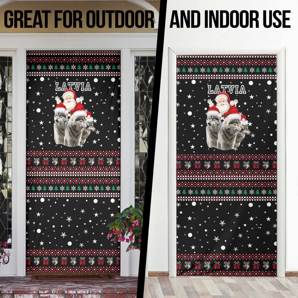 Latvia Christmas Door Cover with Santa Claus and Wolves in Holiday Pattern Design - Wonder Print Shop
