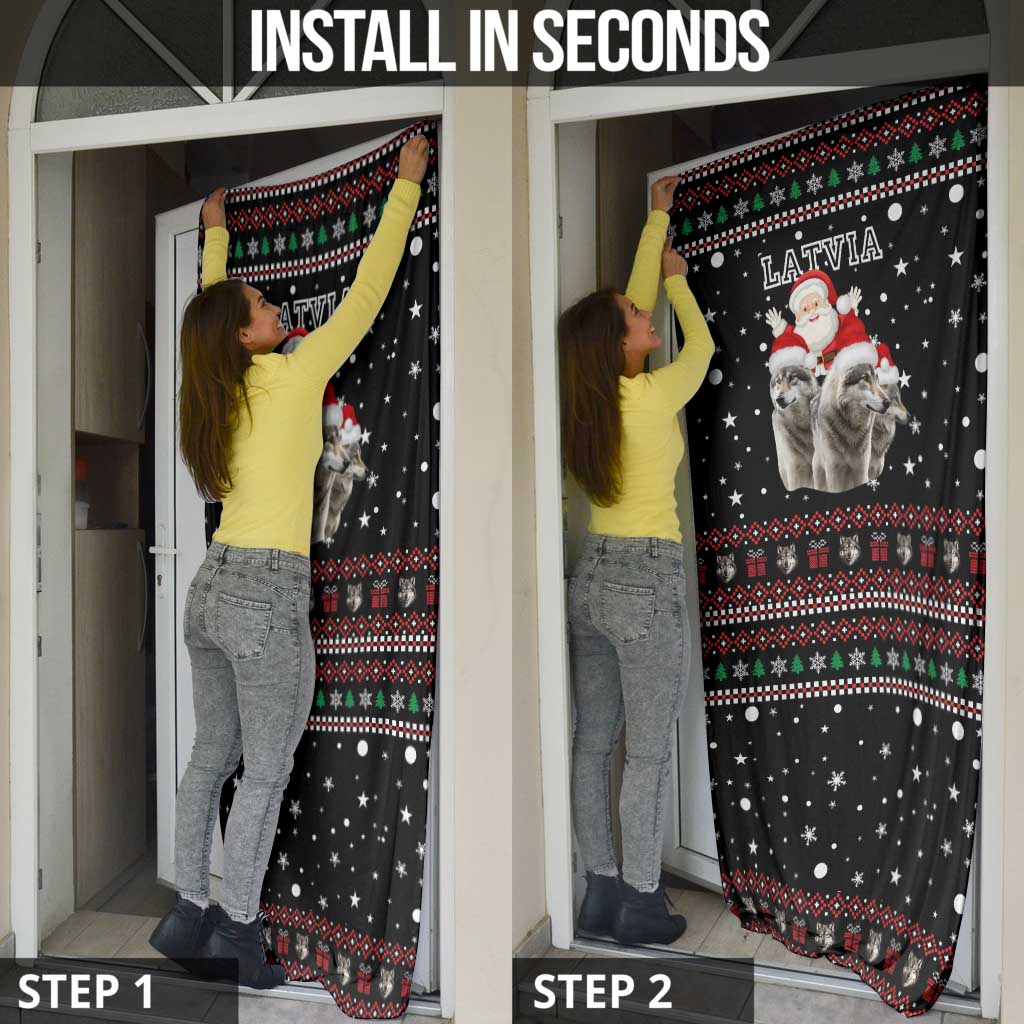 Latvia Christmas Door Cover with Santa Claus and Wolves in Holiday Pattern Design - Wonder Print Shop