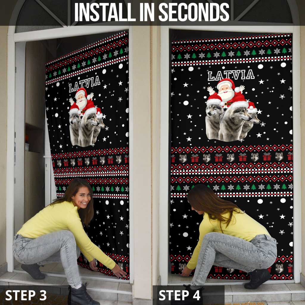 Latvia Christmas Door Cover with Santa Claus and Wolves in Holiday Pattern Design - Wonder Print Shop