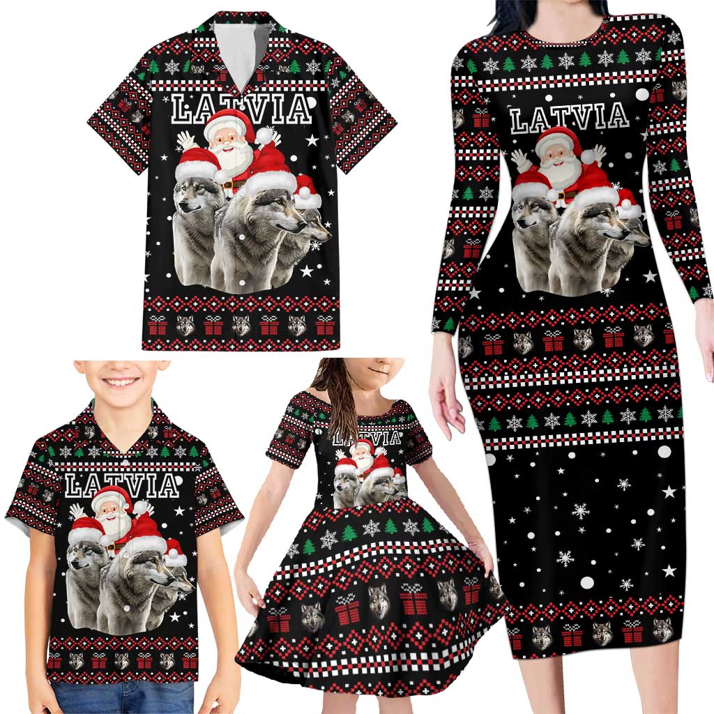 Latvia Christmas Family Matching Long Sleeve Bodycon Dress and Hawaiian Shirt with Santa Claus and Wolves in Holiday Pattern Design - Wonder Print Shop