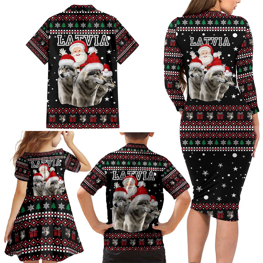 Latvia Christmas Family Matching Long Sleeve Bodycon Dress and Hawaiian Shirt with Santa Claus and Wolves in Holiday Pattern Design - Wonder Print Shop