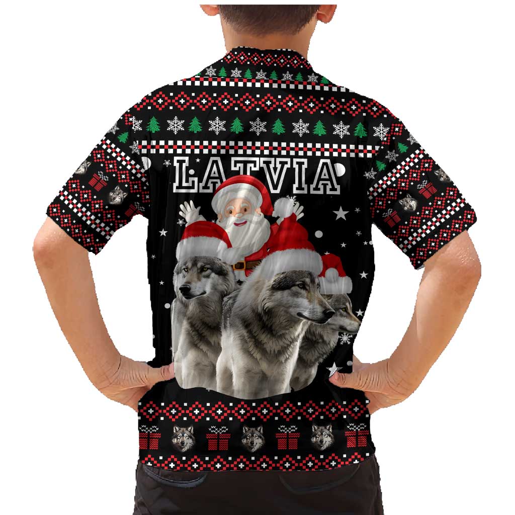 Latvia Christmas Family Matching Mermaid Dress and Hawaiian Shirt with Santa Claus and Wolves in Holiday Pattern Design - Wonder Print Shop