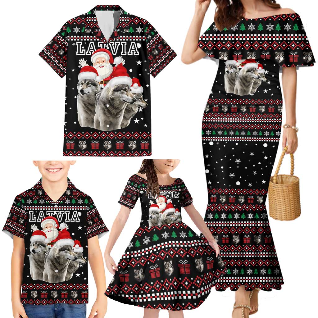 Latvia Christmas Family Matching Mermaid Dress and Hawaiian Shirt with Santa Claus and Wolves in Holiday Pattern Design - Wonder Print Shop