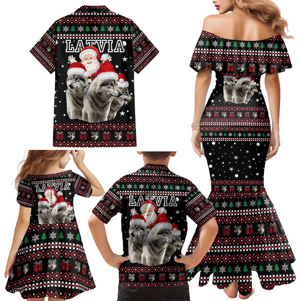 Latvia Christmas Family Matching Mermaid Dress and Hawaiian Shirt with Santa Claus and Wolves in Holiday Pattern Design - Wonder Print Shop