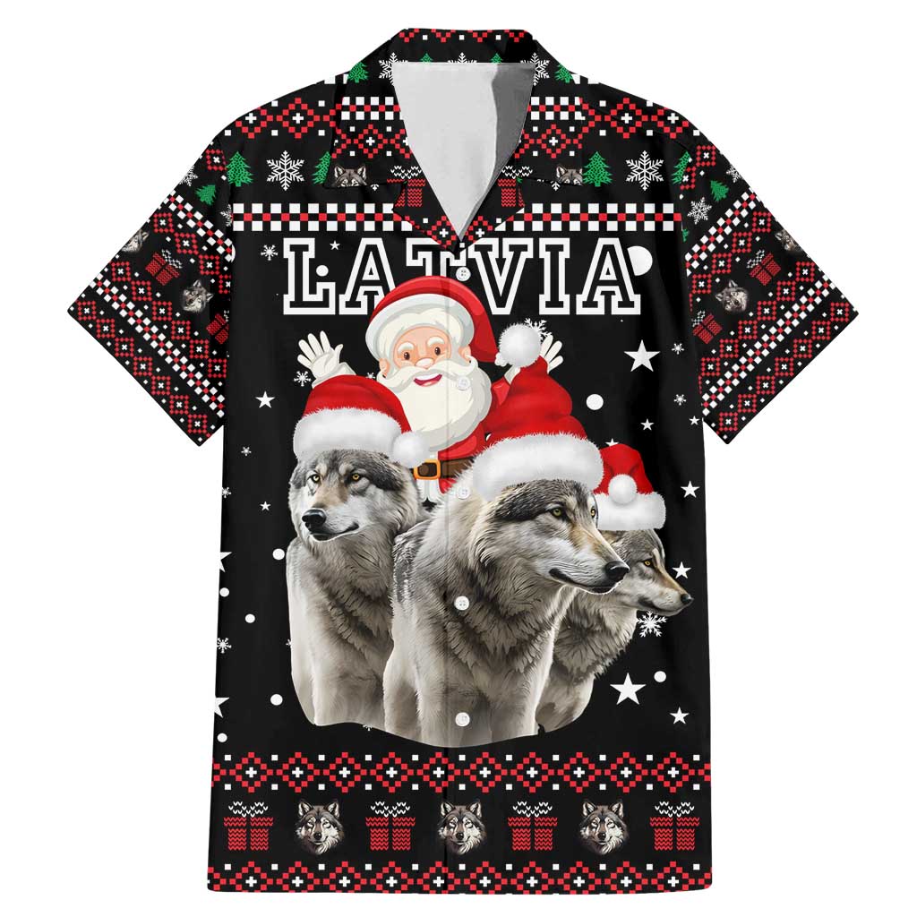 Latvia Christmas Family Matching Mermaid Dress and Hawaiian Shirt with Santa Claus and Wolves in Holiday Pattern Design - Wonder Print Shop