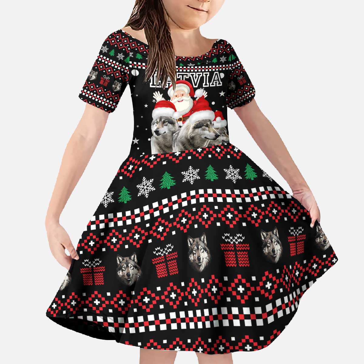Latvia Christmas Family Matching Off The Shoulder Long Sleeve Dress and Hawaiian Shirt with Santa Claus and Wolves in Holiday Pattern Design - Wonder Print Shop