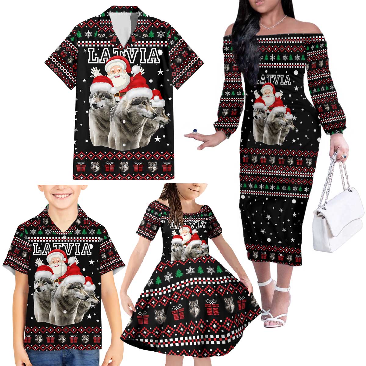 Latvia Christmas Family Matching Off The Shoulder Long Sleeve Dress and Hawaiian Shirt with Santa Claus and Wolves in Holiday Pattern Design - Wonder Print Shop