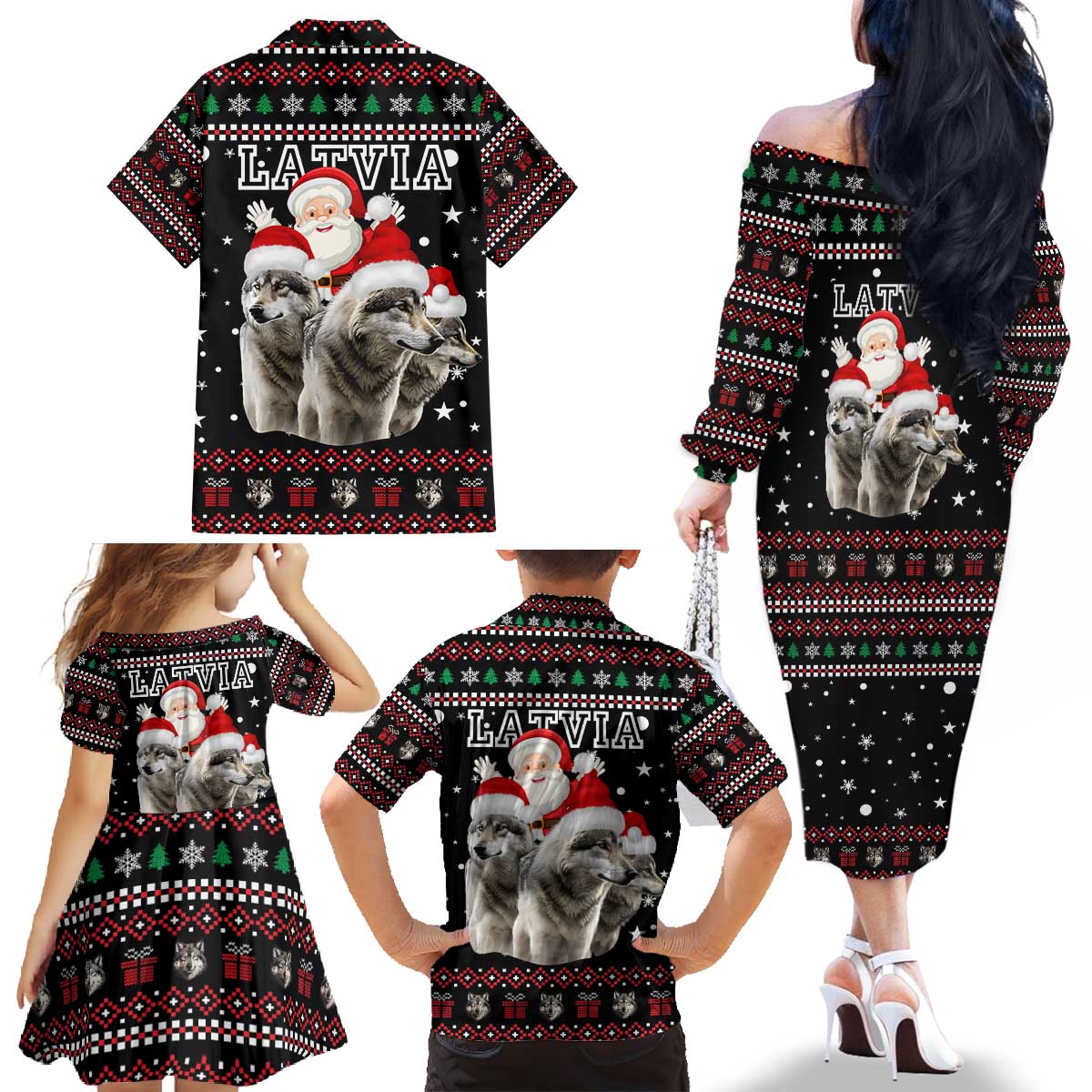 Latvia Christmas Family Matching Off The Shoulder Long Sleeve Dress and Hawaiian Shirt with Santa Claus and Wolves in Holiday Pattern Design - Wonder Print Shop