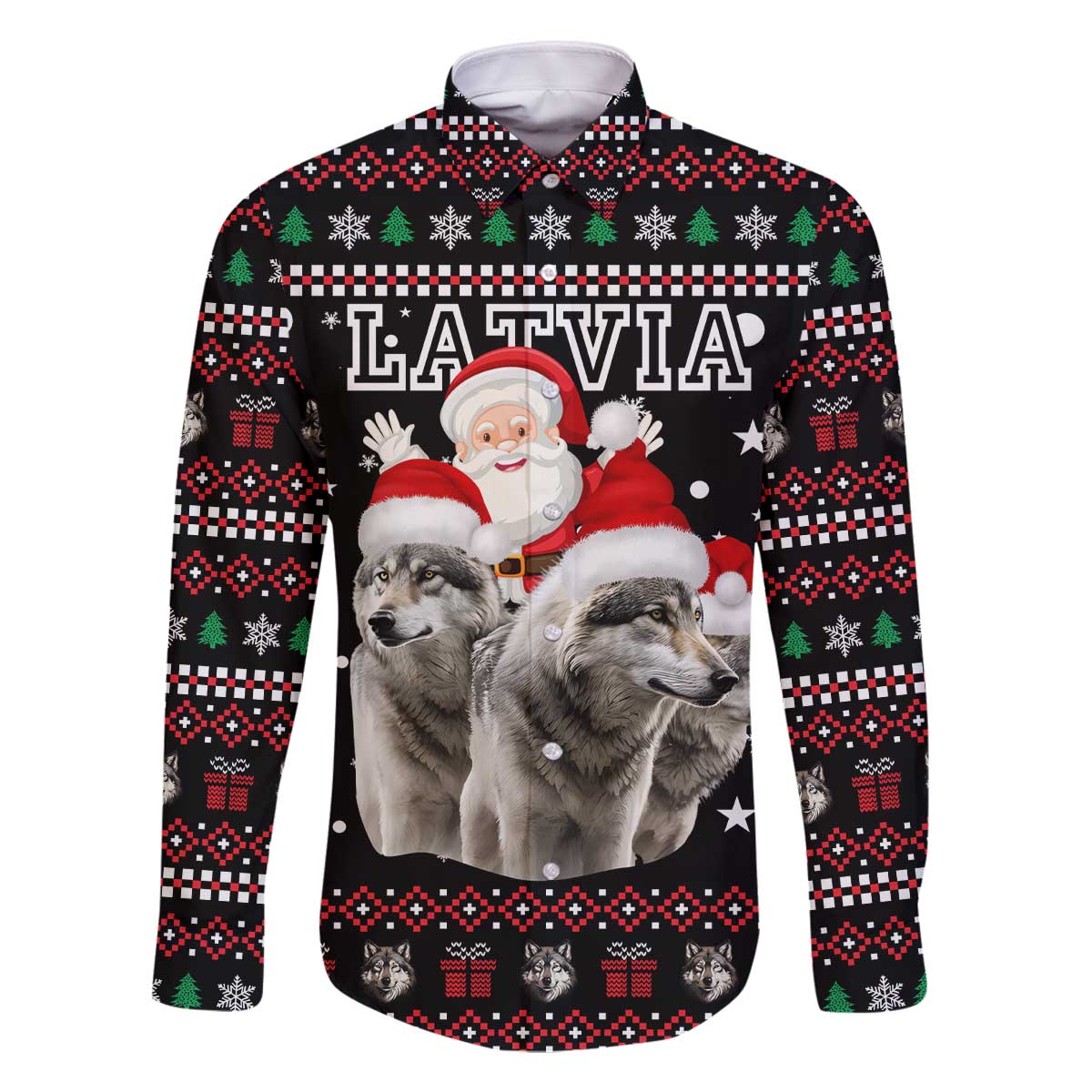 Latvia Christmas Family Matching Off The Shoulder Long Sleeve Dress and Hawaiian Shirt with Santa Claus and Wolves in Holiday Pattern Design - Wonder Print Shop