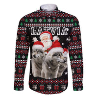 Latvia Christmas Family Matching Off The Shoulder Long Sleeve Dress and Hawaiian Shirt with Santa Claus and Wolves in Holiday Pattern Design - Wonder Print Shop