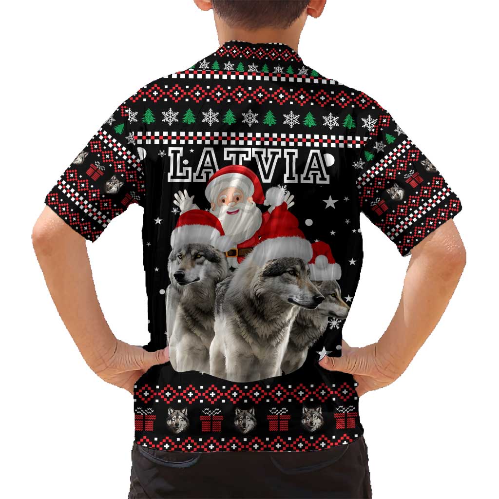 Latvia Christmas Family Matching Off Shoulder Maxi Dress and Hawaiian Shirt with Santa Claus and Wolves in Holiday Pattern Design - Wonder Print Shop