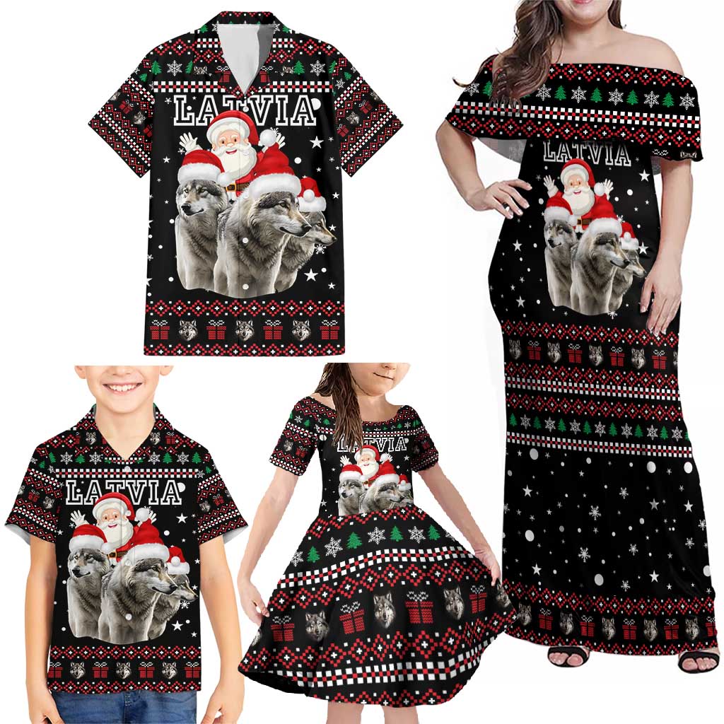 Latvia Christmas Family Matching Off Shoulder Maxi Dress and Hawaiian Shirt with Santa Claus and Wolves in Holiday Pattern Design - Wonder Print Shop