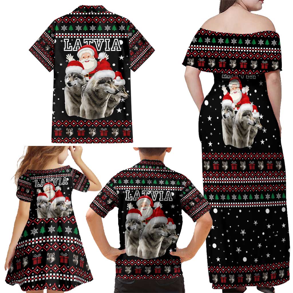 Latvia Christmas Family Matching Off Shoulder Maxi Dress and Hawaiian Shirt with Santa Claus and Wolves in Holiday Pattern Design - Wonder Print Shop