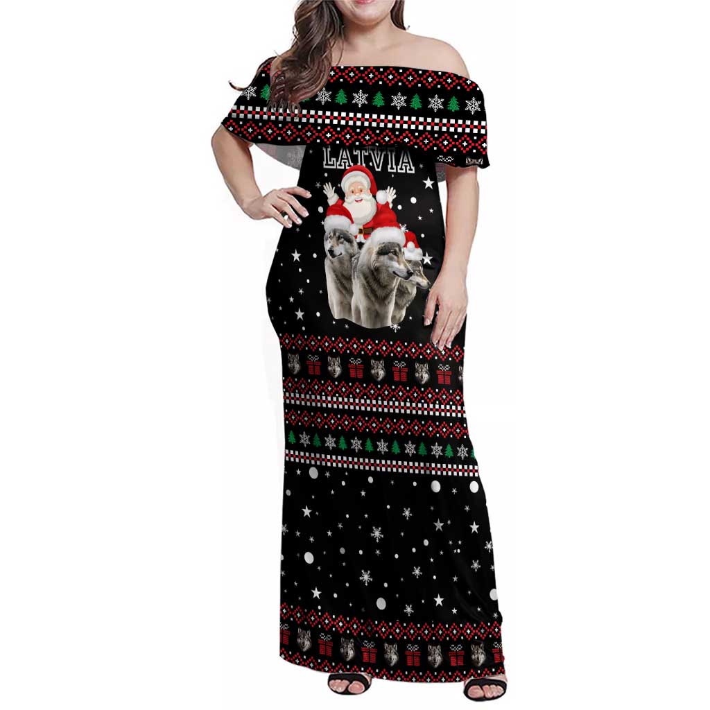 Latvia Christmas Family Matching Off Shoulder Maxi Dress and Hawaiian Shirt with Santa Claus and Wolves in Holiday Pattern Design - Wonder Print Shop