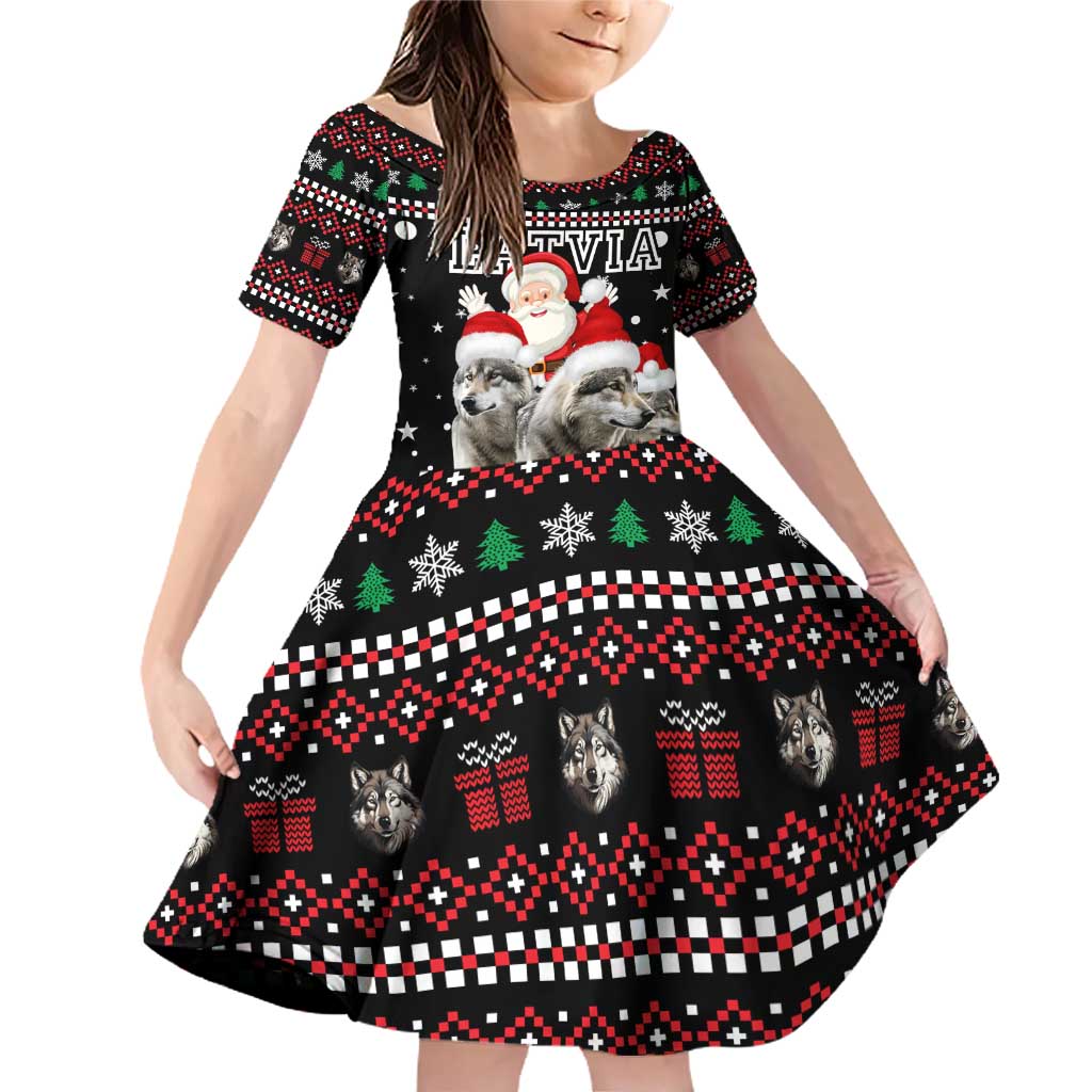 Latvia Christmas Family Matching Off Shoulder Short Dress and Hawaiian Shirt with Santa Claus and Wolves in Holiday Pattern Design - Wonder Print Shop