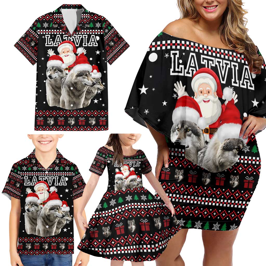 Latvia Christmas Family Matching Off Shoulder Short Dress and Hawaiian Shirt with Santa Claus and Wolves in Holiday Pattern Design - Wonder Print Shop