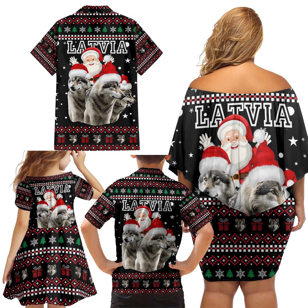 Latvia Christmas Family Matching Off Shoulder Short Dress and Hawaiian Shirt with Santa Claus and Wolves in Holiday Pattern Design - Wonder Print Shop