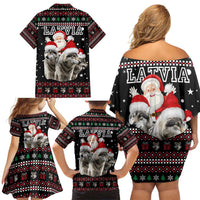 Latvia Christmas Family Matching Off Shoulder Short Dress and Hawaiian Shirt with Santa Claus and Wolves in Holiday Pattern Design - Wonder Print Shop
