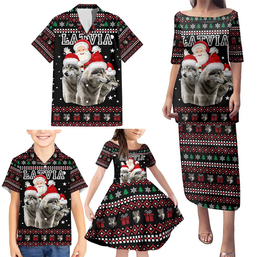 Latvia Christmas Family Matching Puletasi and Hawaiian Shirt with Santa Claus and Wolves in Holiday Pattern Design - Wonder Print Shop