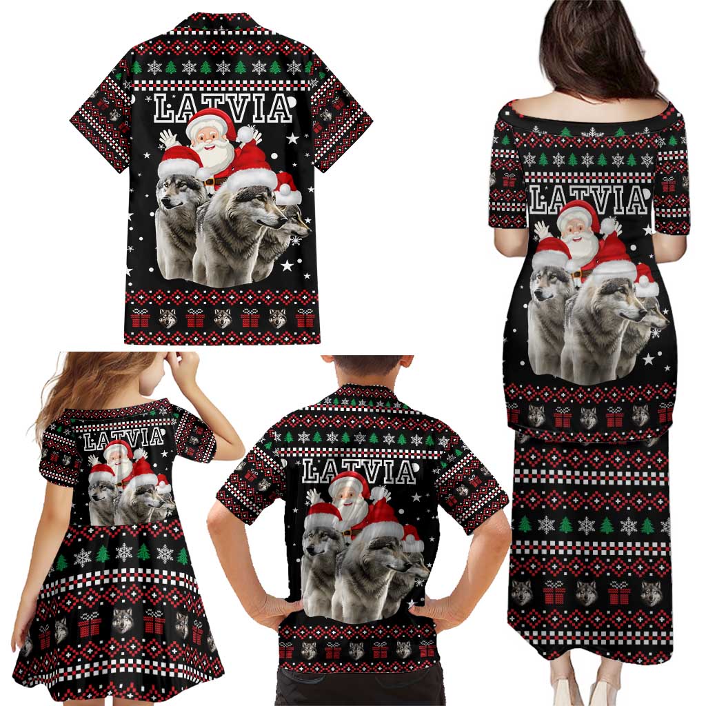 Latvia Christmas Family Matching Puletasi and Hawaiian Shirt with Santa Claus and Wolves in Holiday Pattern Design - Wonder Print Shop