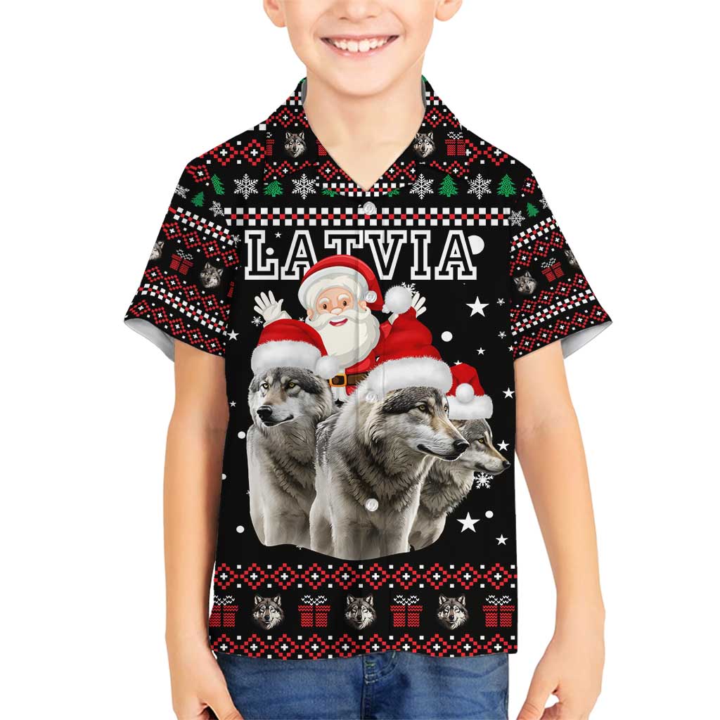 Latvia Christmas Family Matching Puletasi and Hawaiian Shirt with Santa Claus and Wolves in Holiday Pattern Design - Wonder Print Shop