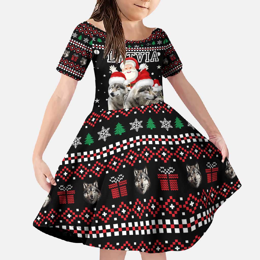 Latvia Christmas Family Matching Short Sleeve Bodycon Dress and Hawaiian Shirt with Santa Claus and Wolves in Holiday Pattern Design - Wonder Print Shop