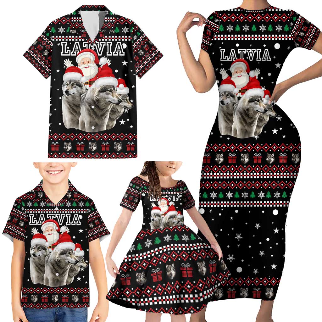 Latvia Christmas Family Matching Short Sleeve Bodycon Dress and Hawaiian Shirt with Santa Claus and Wolves in Holiday Pattern Design - Wonder Print Shop