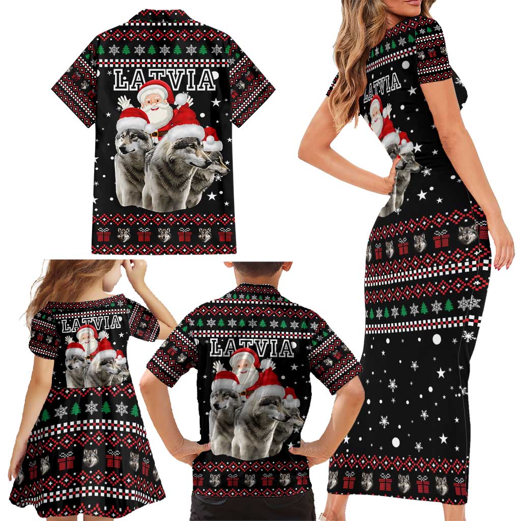 Latvia Christmas Family Matching Short Sleeve Bodycon Dress and Hawaiian Shirt with Santa Claus and Wolves in Holiday Pattern Design - Wonder Print Shop