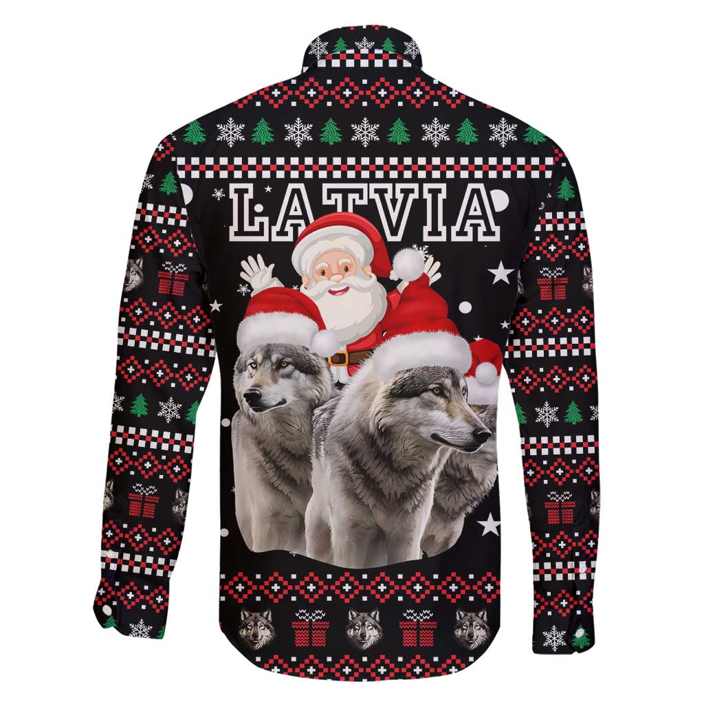 Latvia Christmas Family Matching Short Sleeve Bodycon Dress and Hawaiian Shirt with Santa Claus and Wolves in Holiday Pattern Design - Wonder Print Shop