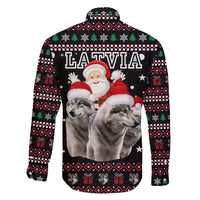 Latvia Christmas Family Matching Short Sleeve Bodycon Dress and Hawaiian Shirt with Santa Claus and Wolves in Holiday Pattern Design - Wonder Print Shop