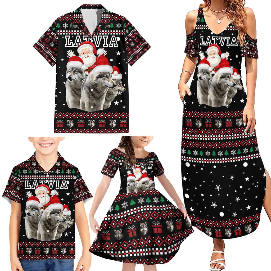 Latvia Christmas Family Matching Summer Maxi Dress and Hawaiian Shirt with Santa Claus and Wolves in Holiday Pattern Design - Wonder Print Shop