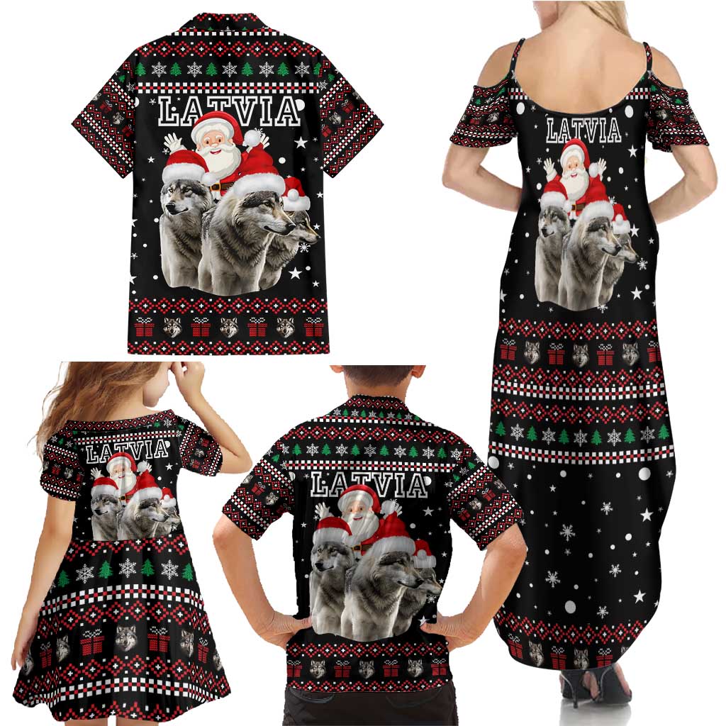 Latvia Christmas Family Matching Summer Maxi Dress and Hawaiian Shirt with Santa Claus and Wolves in Holiday Pattern Design - Wonder Print Shop