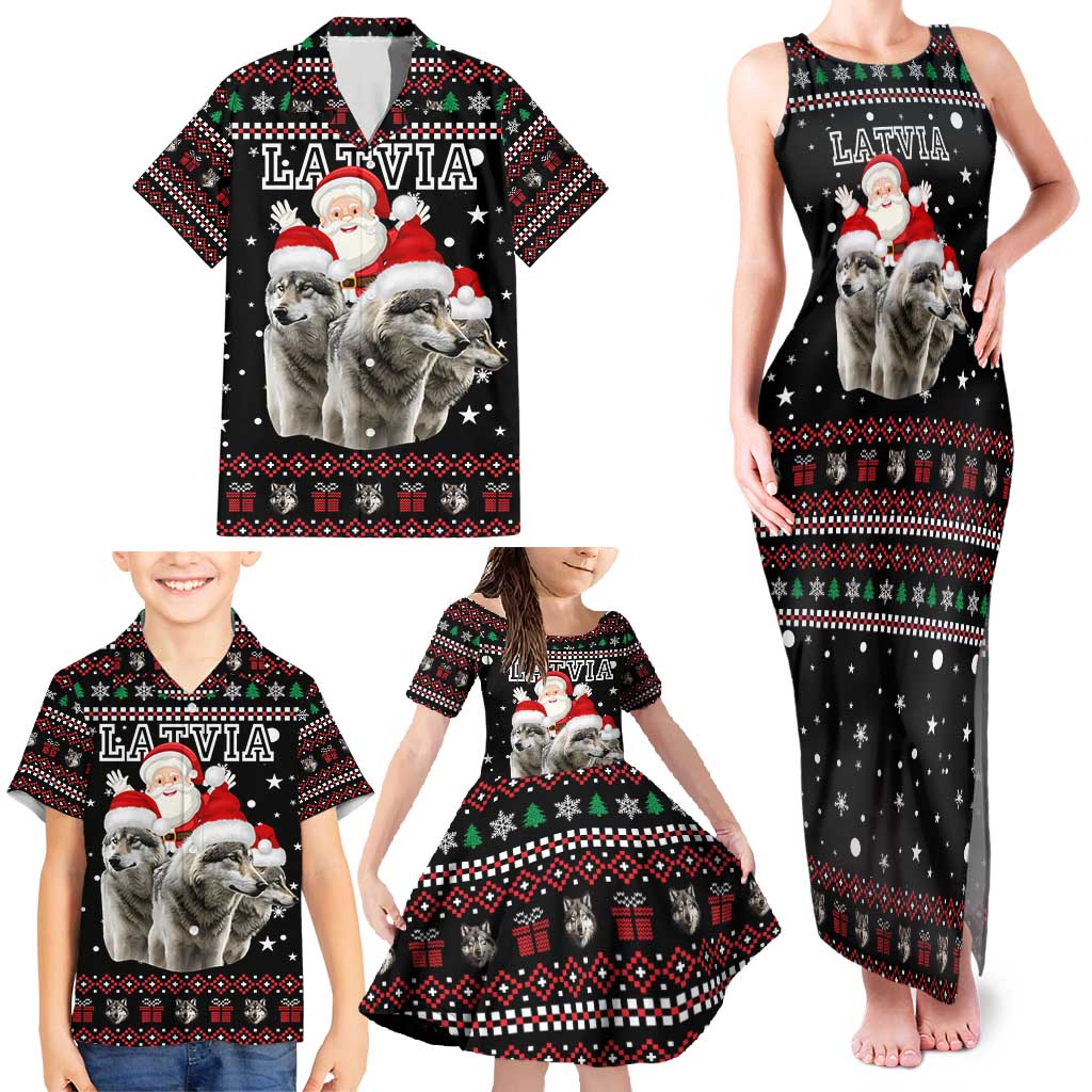 Latvia Christmas Family Matching Tank Maxi Dress and Hawaiian Shirt with Santa Claus and Wolves in Holiday Pattern Design - Wonder Print Shop
