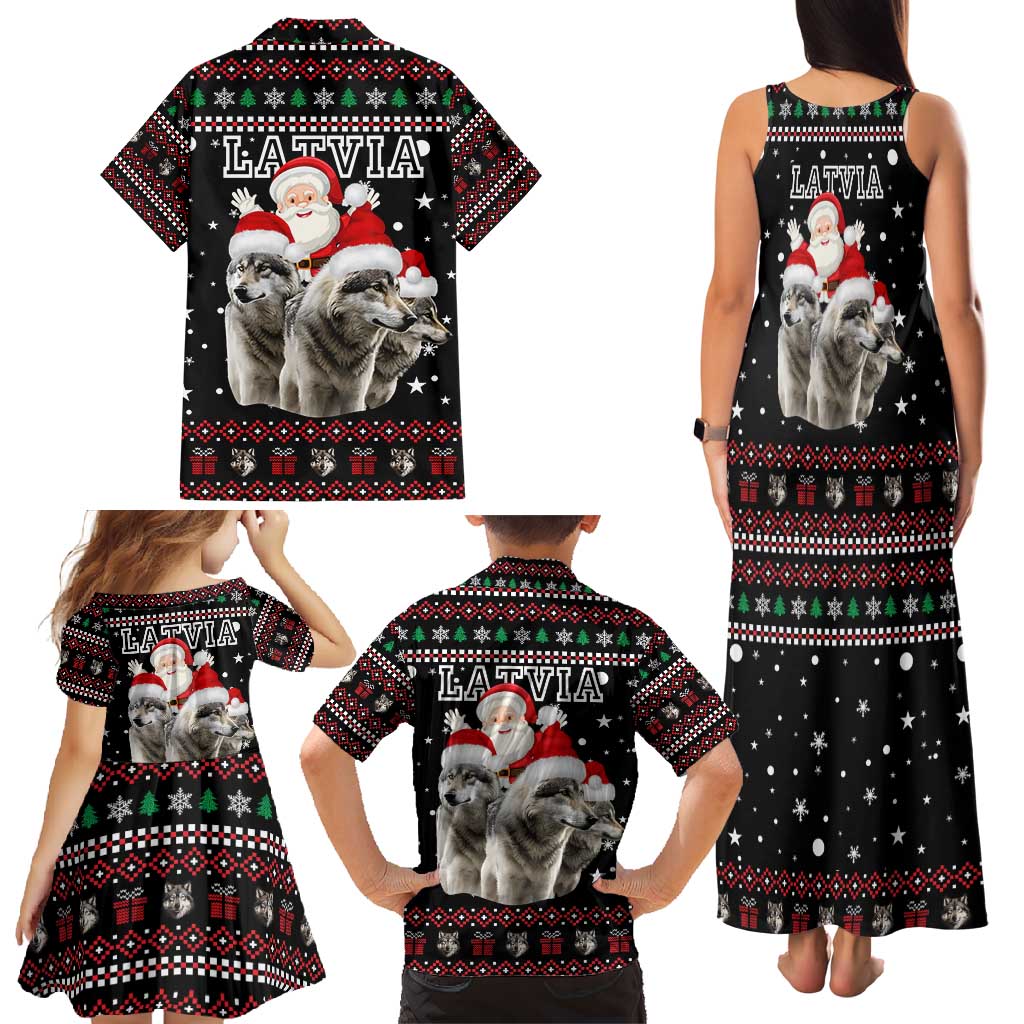 Latvia Christmas Family Matching Tank Maxi Dress and Hawaiian Shirt with Santa Claus and Wolves in Holiday Pattern Design - Wonder Print Shop