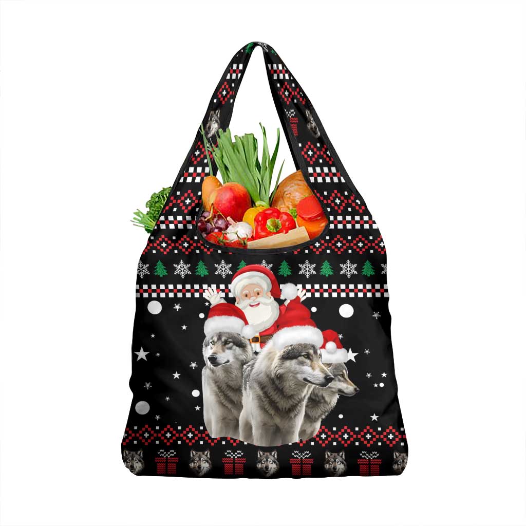 Latvia Christmas Grocery Bag with Santa Claus and Wolves in Holiday Pattern Design - Wonder Print Shop