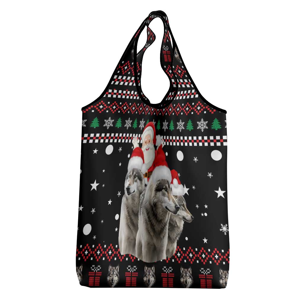 Latvia Christmas Grocery Bag with Santa Claus and Wolves in Holiday Pattern Design - Wonder Print Shop