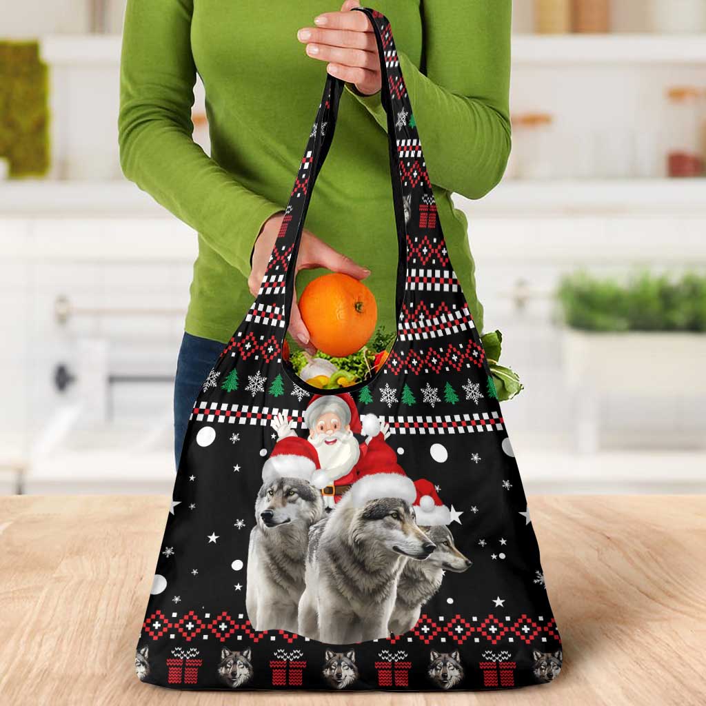 Latvia Christmas Grocery Bag with Santa Claus and Wolves in Holiday Pattern Design - Wonder Print Shop